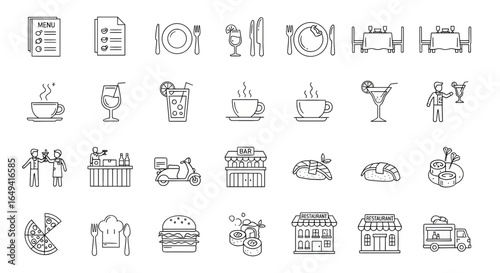 Restaurant and food service icon set. Thin line editable stroke icons for menus, meals, dining, drinks, cafes, bars, delivery, culinary branding, types of food and restaurants
