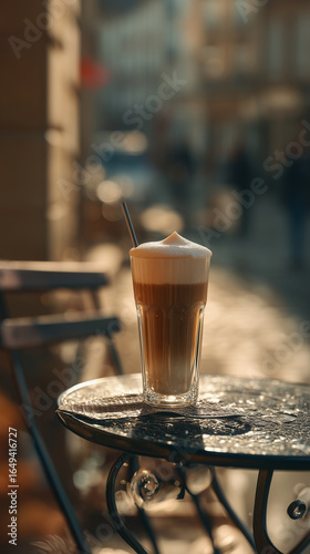 Latte with Thick Foam at Outdoor Café Terrace