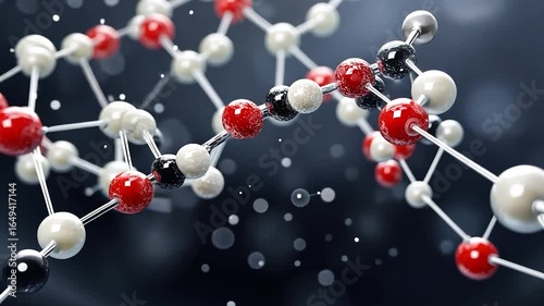 A close-up view of a molecular structure with colored atoms representing chemical bonds.