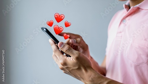 Man using dating app on smartphone sending love hearts for online dating concept image