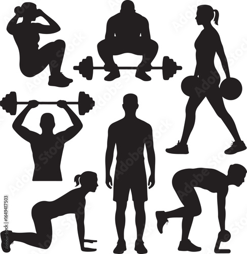 Silhouettes of people performing various gym exercises and workouts Keywords: fitness, gym, workout