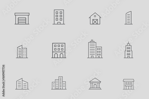Building line icon set. Vector collection of urban architecture and real estate symbols