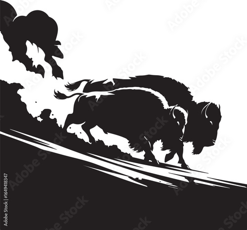 Powerful bison herd charging forward in dynamic motion