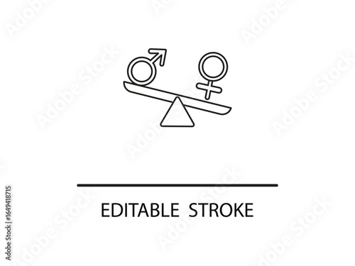 Gender equality concept shown by male and female symbols balancing on a scale, symbolizing fairness and justice.
