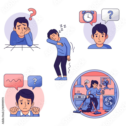 An illustration showing a set of a man experiencing confusion, fatigue, and a woman with multiple arms doing chores, representing side effects from medication or drugs