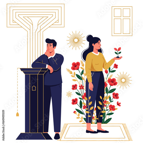 A man and woman are separated by an abstract structure, with the woman surrounded by flowers, a conceptual illustration of gender roles