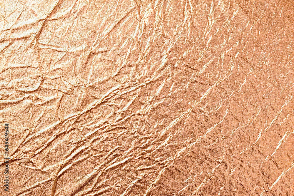 Fototapeta premium Copper crumpled texture reflects light, offering grunge background for digital design, product display, or branding.