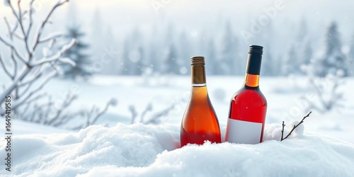 Two wine bottles nestled in a snowy landscape, frosted glass,  still life,  winter wonderland
