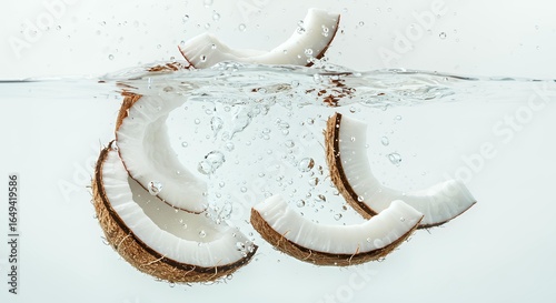 Coconut slices submerged underwater with air bubbles and splashing water creating tropical refreshment and natural beverage ingredient concept