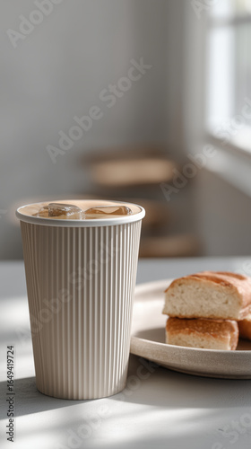 Iced Coffee in Textured Paper Cup with Soft Bread