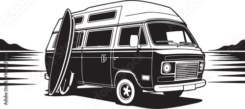 Retro camper van with surfboard on beach getaway adventure