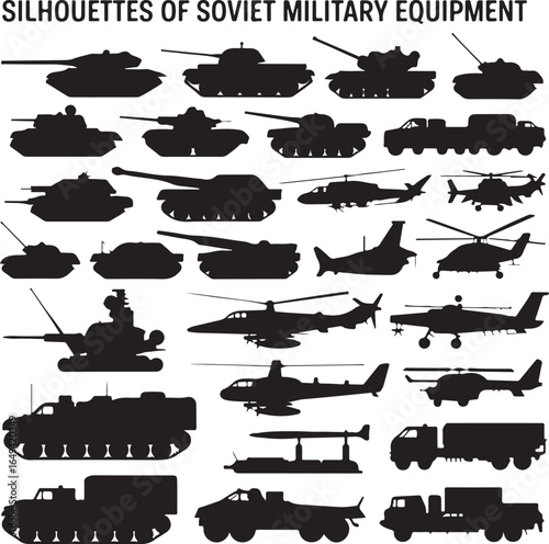 Silhouettes of Soviet Military Equipment Including Tanks, Helicopters, and Trucks armored vehicle