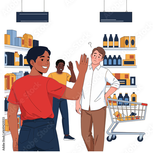 A smiling person waves at a confused person in a supermarket aisle, a humorous illustration of social confusion