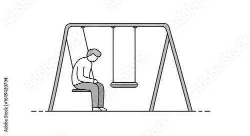 Sad lonely person on swing , Loneliness, social isolation, abandonment. Vector thin line illustration, editable stroke
