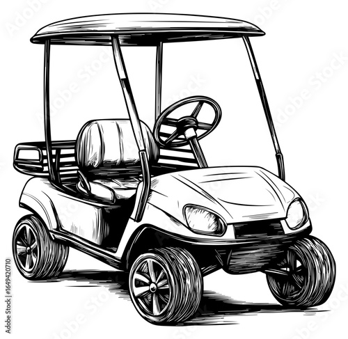 Golf Cart Hand Drawn Sketch Illustration. Vintage Golf Cart Outline Drawing.