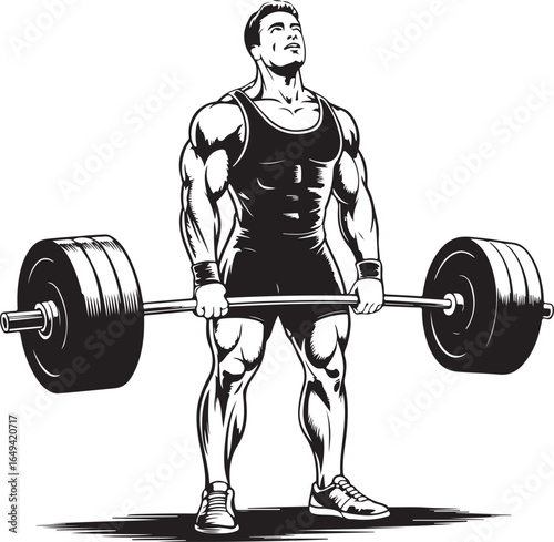 Muscular man in singlet holding a barbell with weights during a weightlifting competition bodybuilding