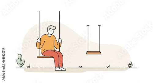 Sad lonely person on swing , Loneliness, social isolation, abandonment. Vector thin line illustration, editable stroke

