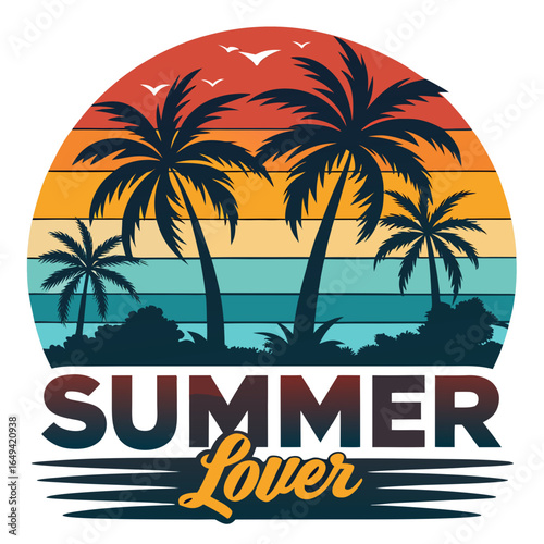 Wallpaper Mural Vintage tropical sunset vector design with bold 'Summer Lover' text, palm trees silhouette, ocean waves, and vibrant retro colors – perfect for t-shirt prints, summer beach posters, travel graphics, a Torontodigital.ca