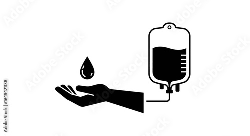 Blood donation icon with open palm, arm, transfusion bag. Vector graphic elements for health, donations, medicine and emergency, in black and white design
