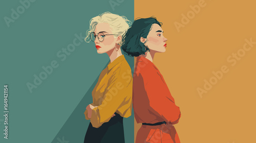 Minimalist Flat Two Stylish Woman Standing Back to Back Illustration