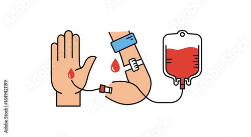 Blood donation icon with open palm, arm, transfusion bag. Vector graphic elements for health, donations, medicine and emergency, in black and white design
