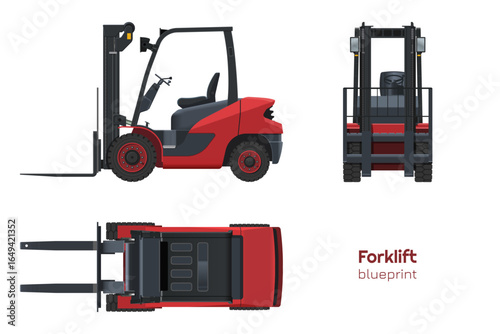 Red forklift drawing. Isolated cargo loader. Side, front and top view of industrial machine. 3D model of warehouse transport. Logistic vehicle