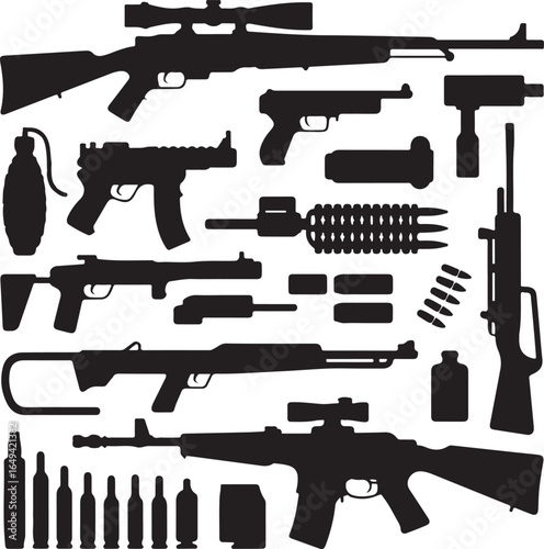 Assortment of Silhouetted Firearms and Military Equipment on White Background rifle shotgun