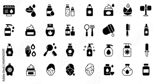 Skin care icon set. Containing cosmetics, cream, lotion, skincare, dermatology, facial care, serum, cleanser, beauty and more. Solid vector icons collection in black and white
