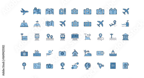 travel-related icons. icons include symbols for travel, holiday, hotel, vacation, tourism, beach, maps, plane, suitcases and more