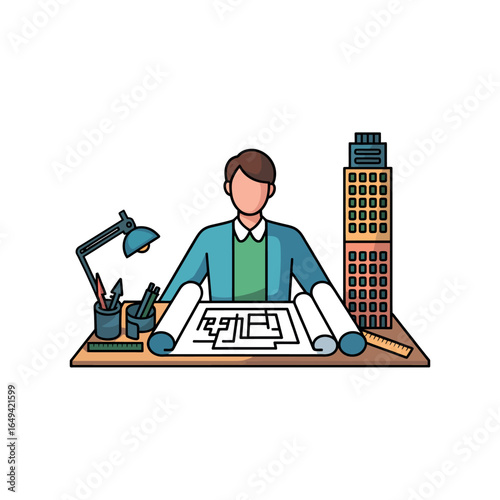 Architect at desk with blueprints and building model planning