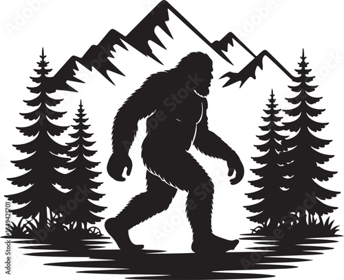 Bigfoot walks through forest with mountain backdrop silhouette