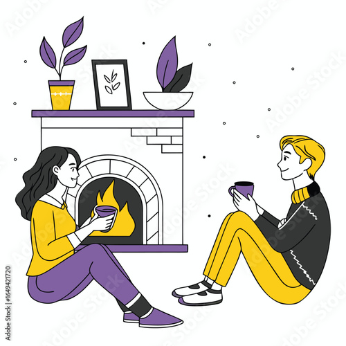 Couple sitting by fireplace with cups of coffee or tea together