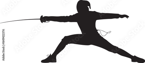 Dynamic fencer lunges forward with sword in action pose