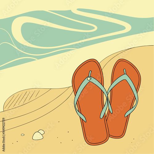 A pair of flip flops on the sandy beach by the ocean shore