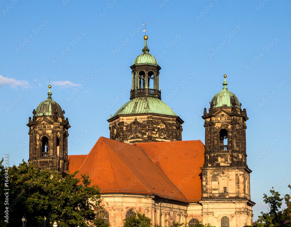 Fototapeta premium Church steeple tops with red roof