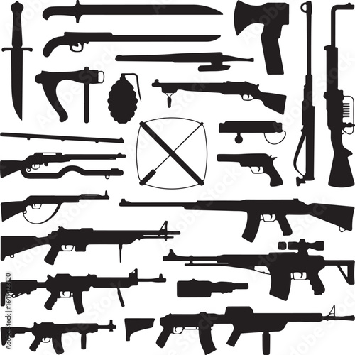 Assortment of Weapon Silhouettes Including Rifles Pistols and Melee Weapons Keywords: weapons