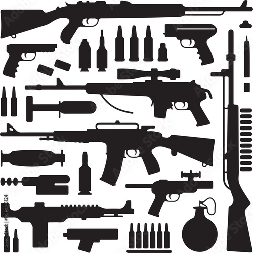 Collection of various firearms and ammunition silhouettes on white background Keywords: rifle