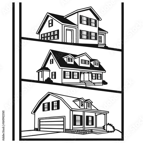 Three different styles of suburban homes with two stories