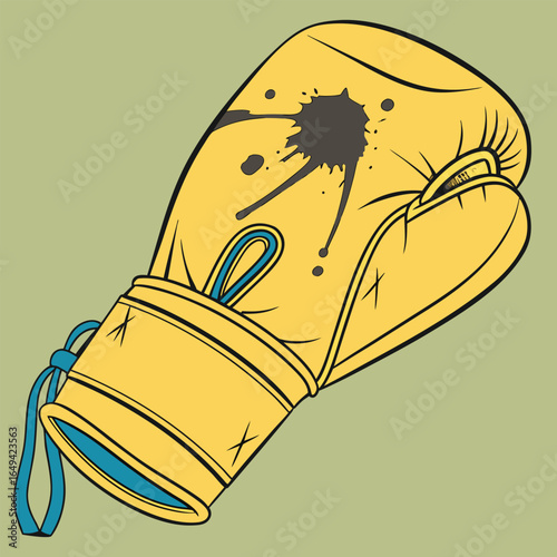 A yellow boxing glove with a black splatter and blue laces