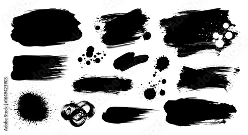 set of vector graphic brushstrokes, grunge textures, abstract shapes, monochromeblack and white, digital art, minimalist design
