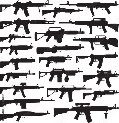 Variety of rifle and handgun weapon silhouettes on white background firearm