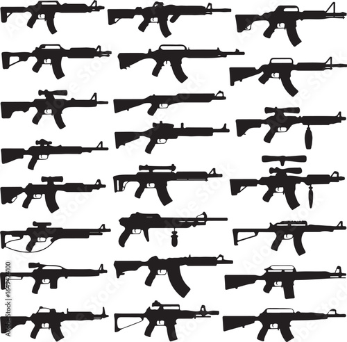 Collection of Assault Rifle Silhouettes on White Background Keywords: assault rifle, gun, weapon