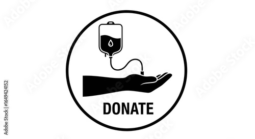 Blood donation icon with open palm, arm, transfusion bag. Vector graphic elements for health, donations, medicine and emergency, in black and white design
