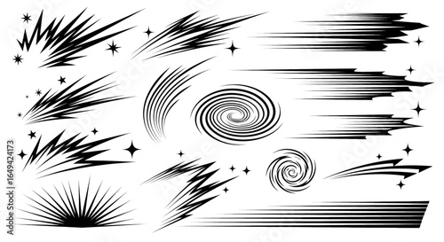 line sparkle vector set, comic style decorative lines, burst effects, and dynamic radial patterns in black for enhancing illustrations, comics, and graphic designs with energetic visual elements
