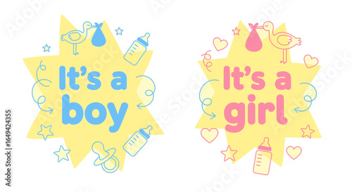 It's a boy and It's a girl newborn baby gender reveal vector graphic elements with text in pink, yellow and blue color tones and cute minimal linear graphic elements in the background
