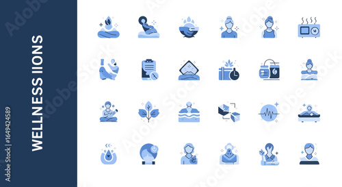 wellness icons. icons include symbols for wellness, relaxation, yoga, health, exercise, spa, wellbeing, gratitude, balanced and more