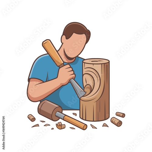 Cartoon man carving wood with chisel and mallet surrounded by wood shavings wood carving craftsman