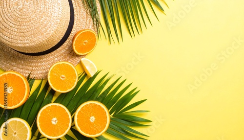 Summer Flat Lay with Straw Hat, Fresh Orange Slices, Lemon Wedge, and Tropical Palm Leaves on Vibrant Yellow Background – Refreshing Citrus Vacation Concept