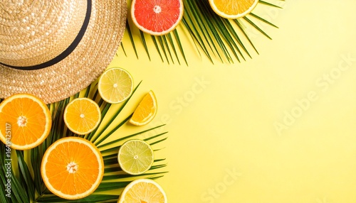 Colorful Summer Flat Lay with Straw Hat, Orange, Lime, Lemon, and Grapefruit Slices on Yellow Background with Palm Leaves – Tropical Citrus Vacation