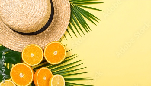 Tropical Summer Flat Lay with Straw Hat, Fresh Orange and Lemon Slices, Palm and Monstera Leaves on Yellow Background – Citrus Vacation Concept